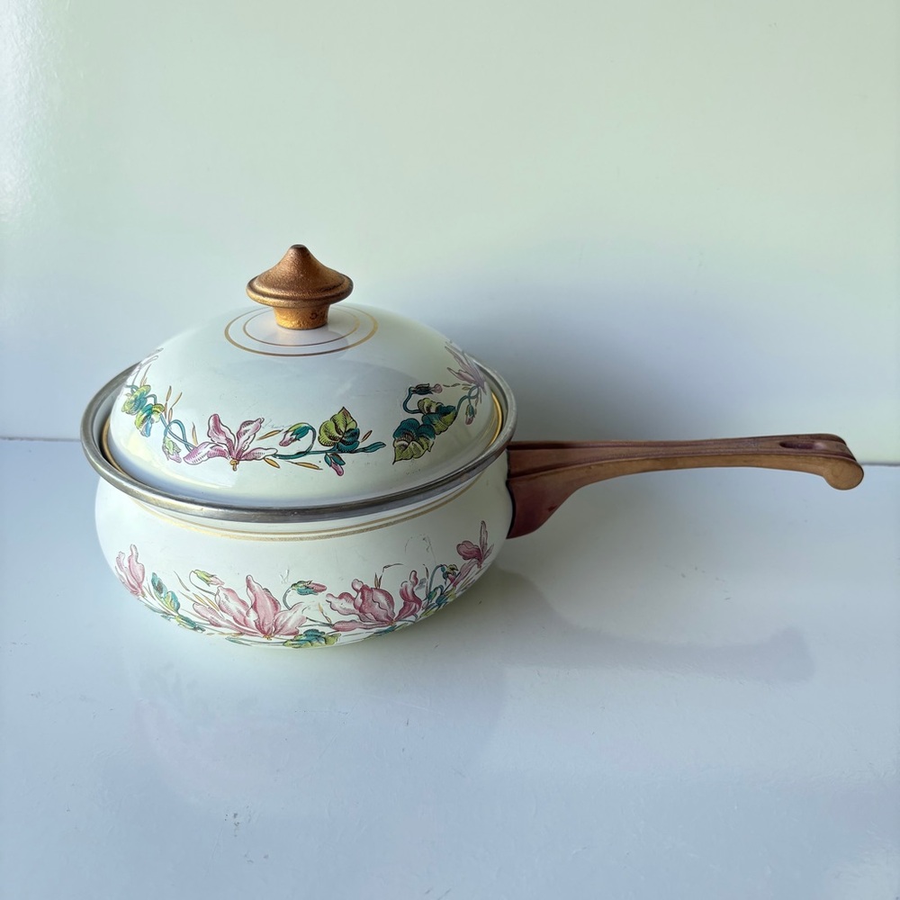 VTG Fissler Asta Enamelware 6” Saucepan Dutch Over Floral Pattern Brass Handle